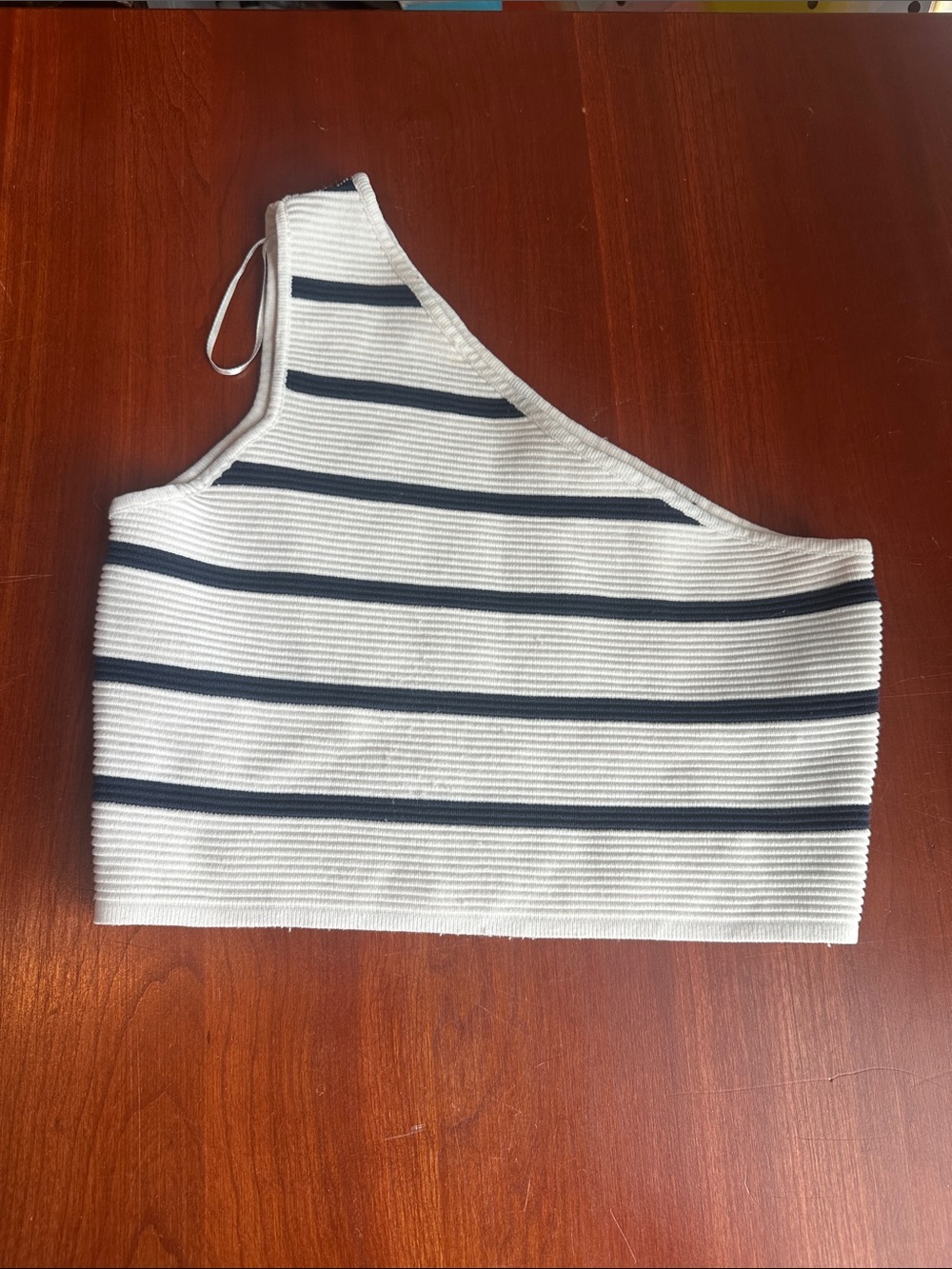 The Vintage Shop White and Navy One-Shoulder Ribbed Crop Top